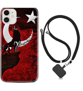 Apple iPhone 11 12 13 Mini Kılıf Boyun Askılı Silikon Wolf and Moon 2 1381