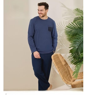 Pijamoni Erkek Pamuklu Bisiklet Yaka Uzun Kol İnce Pijama Takımı 6150/8 - 1 Adet (Mavi)