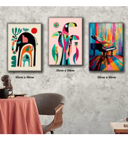 Çok renkli fil ve yavruları renkli piyano tablosu 3 adet 35cmx50cm kumaş baskılı canvas tablo