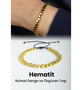 Hematit Doğal Taş Gold Kalp Kesim 6mm Makrome Bileklik