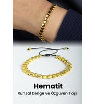 Hematit Doğal Taş Gold Kalp Kesim 6mm Makrome Bileklik