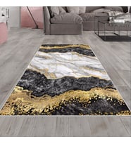 Siyah Mermer Desenli Gold Detay Yıkanabilir Kaymaz Taban Leke Tutmaz Modern Salon Halısı ve Yolluk