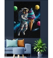 Dondurmalı Uzayda Eğlenceli Astronot Dekoratif Kanvas - Mdf Ahşap Tablo