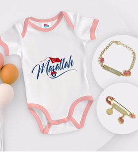 BK Kids Kişiye Özel Maşallah Tasarımlı Pembe Bebek Body Zıbın Kız Bebek Künyesi ve İğnesi Hediye Seti-3