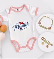 BK Kids Kişiye Özel Maşallah Tasarımlı Pembe Bebek Body Zıbın Kız Bebek Künyesi ve İğnesi Hediye Seti-3
