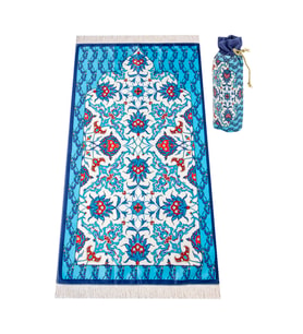 Kadife İpek Dokulu Keseli Mavi Çiçek Desenli Seccade - 62x110 cm, Pratik ve Taşınabilir - IPK01 (Çok Renkli)