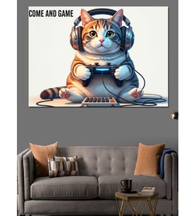 Kulaklıklı Oyuncu Gamer Kedi Dekoratif Kanvas - Mdf Ahşap Tablo