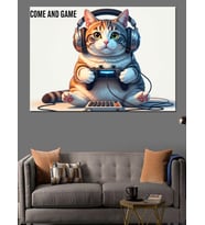 Kulaklıklı Oyuncu Gamer Kedi Dekoratif Kanvas - Mdf Ahşap Tablo