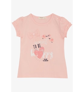 Breeze Kız Çocuk Tişört Sevimli Kuş Baskılı Kalpli 1-4 Yaş, Pembe