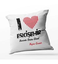 Kişiye Özel Eskişehir Seninle Daha Güzel Tema Kare Saten Yastık (Beyaz)