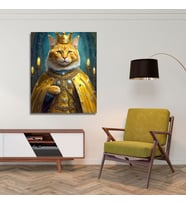 Tekli Dikey Kanvas Duvar Tablosu Kral Kostümlü Sarı Sarman Kedi