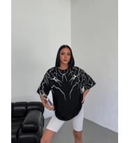 Kadın Yıldırım şimşek Baskılı T-Shirt Kısa Kol Bisiklet Yaka Oversize Tişört - Siyah