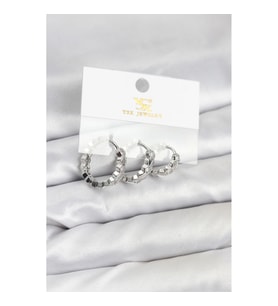 Mey İthalat® Pirinç Gümüş Renk Zirkon Taşlı Petek Halka Model YSX Trio Küpe Seti