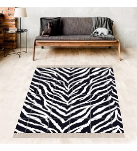 Zebra Zeminli Patchwork Desenli Dijital Baskı Yıkanabilir Kaymaz Taban Modern Salon ve Hol Halısı (Siyah)