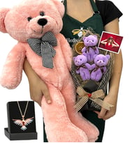 Kişiye Özel 3'lü Peluş Ayıcık Buketi, Renkli Anka Kuşu Kolye ve Pembe Peluş Ayıcık (Model 4)