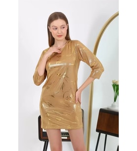Kadın Micro Kumaş Mini Parlak Elbise Sarı