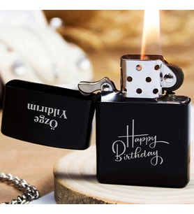Kişiye Özel İsimli Benzinli Siyah Zippo Çakmak - Happy Birthday Dpğum Günü Hediye Baskılı