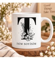 Kişiye Özel Baş Harf ve İsim Yazılı Çiçek Motifli T Harfli Seramik Kupa Bardak