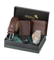 Polo Air Erkek Kol Saati Cüzdan Kemer Kartlık Çakmak Kombin Set PL-0838E (Kahverengi)
