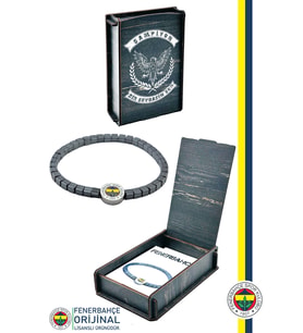 Fenerbahçe Orijinal Lisanslı Fb Kare Hematit Doğaltaş Bileklik Hediyelik Ahşap Kutulu (Lacivert-Gri)