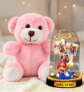 Kişiye Özel 3 Fotoğraflı Yazılı LED Işıklı Fanus ve Pembe Peluş Ayıcık Hediye Seti (denizkızı biblolu)