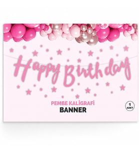 Happy Birthday Kaligrafi Banner Pembe 110x20 cm