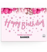 Happy Birthday Kaligrafi Banner Pembe 110x20 cm