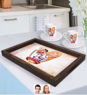BK Gift Kişiye Özel İsimli Sevgililer Karikatürlü Doğal Ahşap Tepsi ve 2’li Kahve Fincan Seti-30