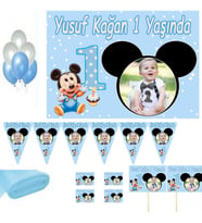 Hayaller Dükkanı 1 Yaş Mickey Mouse Kişiye Özel Afişli Doğum Günü Süsleri, Parti Seti Açık Mavi