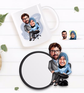 BK Gift Kişiye Özel Sevgililer Karikatürlü Beyaz Kupa ve Ahşap Bardak Altlığı Hediye Seti-59
