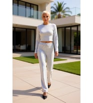 Kadın Alt Üst Düz Renk Fit Kesim Uzun Kollu Crop Üst Rahat Kalıp Geniş Paça Örme Pantolon Takımı (Gri)