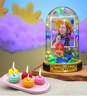 Size Özel Renkli Led Işıklı Fanus ve Kokulu Makaron Mum Hediye Seti (Model 3)