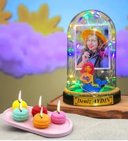 Size Özel Renkli Led Işıklı Fanus ve Kokulu Makaron Mum Hediye Seti (Model 3)