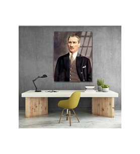 Renklendirilmiş Atatürk Cam Tablo Modeli Dikey Duvar Tablosu Ofis Ev Dekoru