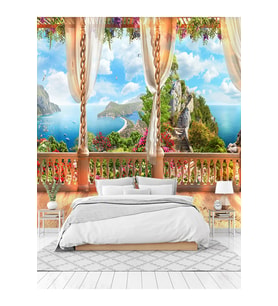 Dreamwall Doğa Ve Deniz Manzaralı Teras Desenli  Sağlıklı Tekstil Duvar Kağıdı (Çok Renkli)