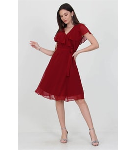 Neşeli butik kadın midi boy yeni sezon kruvaze yaka melek kol şifon elbise RY8081 (Bordo)
