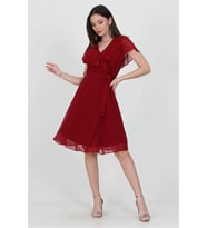 Neşeli butik kadın midi boy yeni sezon kruvaze yaka melek kol şifon elbise RY8081 (Bordo)