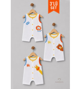 Erkek Bebek Şortlu Tulum 3'lü Set % 100 Pamuklu Kolsuz Çıtçıtlı Yazlık Safari Baskılı Yenidoğan Bebek Tulumu