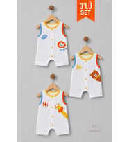 Erkek Bebek Şortlu Tulum 3'lü Set % 100 Pamuklu Kolsuz Çıtçıtlı Yazlık Safari Baskılı Yenidoğan Bebek Tulumu