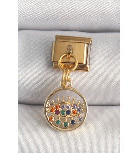 316L Çelik Gold Renk Sallantı Renkli Zirkon Taşlı Göz Model Nomination Charm 58 - SSSSSS7177-8