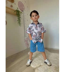 Cg Kids Yaprak Desenli Keten Gömlek Jean Kot Şort Erkek Çocuk Alt Üst Takım (Turkuaz)