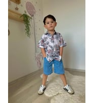 Cg Kids Yaprak Desenli Keten Gömlek Jean Kot Şort Erkek Çocuk Alt Üst Takım (Turkuaz)