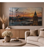 İstanbul’da Altın Saat Panoraması Gün Batımı Temperli Cam Dekoratif Duvar Tablosu