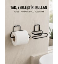 2’li Duvara Yapışkanlı Tuvalet Kağıtlığı Siyah Metal Pratik Rulo Tutucu