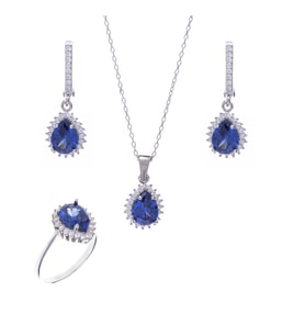 7-9 mm Lacivert Damla Zirkon Taşlı 925 Ayar Gümüş Kadın 3'lü Set
