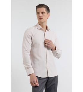 Koyu Bej Sert Yaka Uzun Kol Cepsiz Slim Fit Pamuklu Gömlek 1004255284