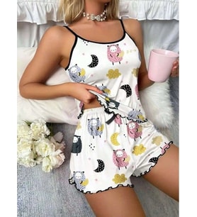 Giyim Beyaz Üstüne Desenli İnce Askılı Şortlu Pijama Takımı