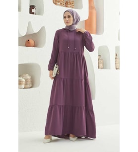 6531-Krep Kapşonlu Reglan Kollu Elbise Koyu Lila