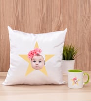 Kişiye Özel Pembe Yıldız Kafa Fotoğraflı Kare Yastık ve Yeşil Kupa