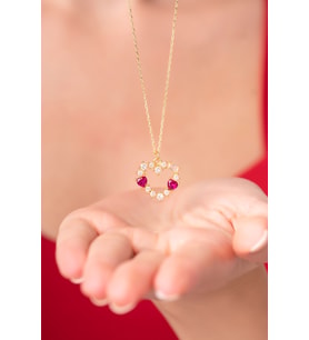 Gold Pembe Zirkon Taşlı Kalpli Aşk Kolyesi